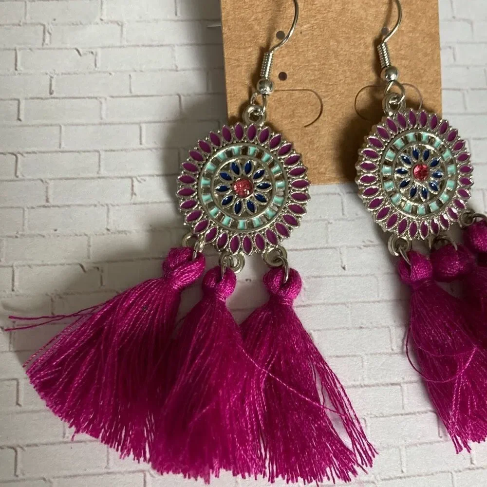 Boho Tassel Earrings with Enamel Mandala